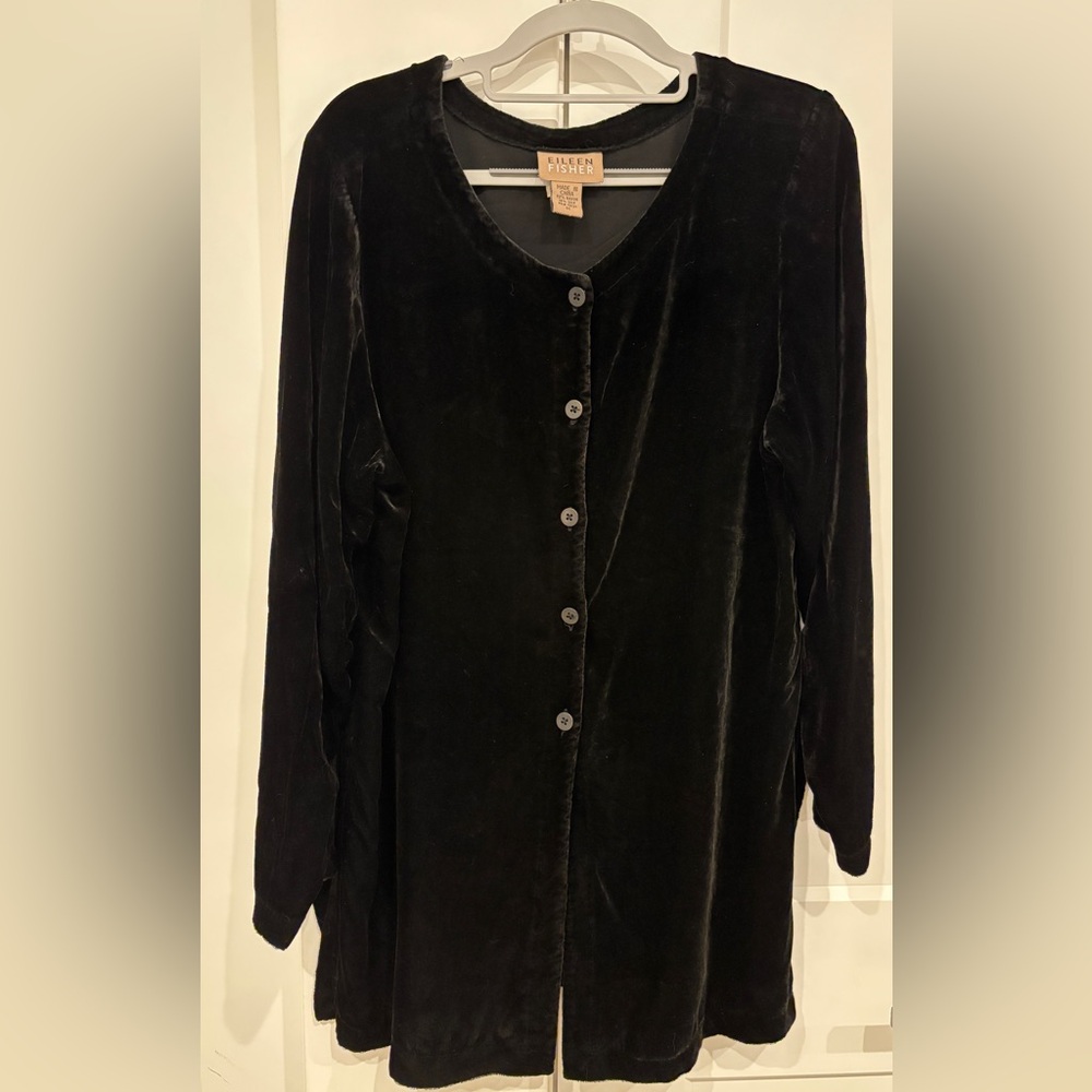 Eileen Fisher Black Velvet Button-Up Tunic. Size M